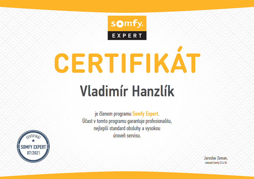 Somfy certifikát Vladimír Hanzlík - VH Mont Olomouc